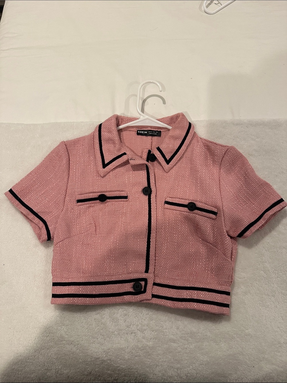 SHEIN Pink Tweed Short Sleeve Cropped Jacket with Black Trim